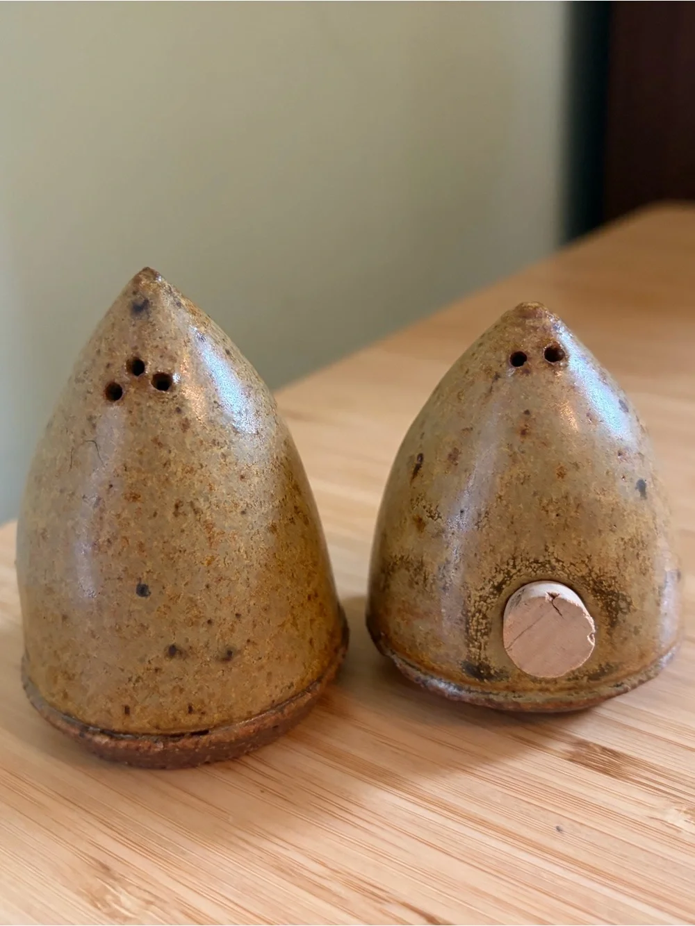 Adorable Little Handmade Pottery Salt and Pepper Shakers in Speckled Olive